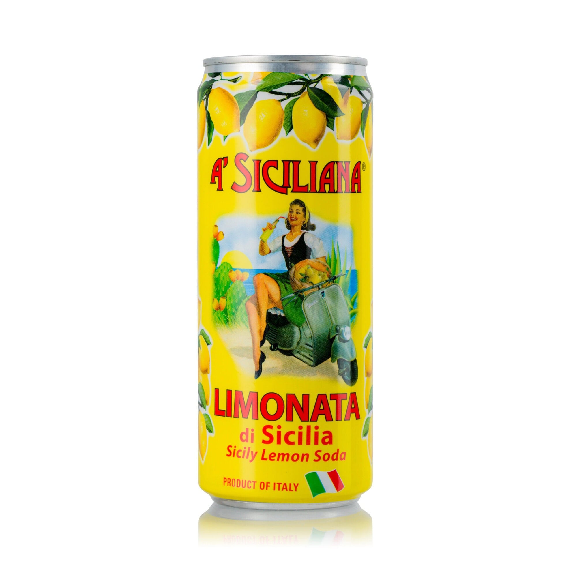 A can of A' Siciliana Limonata di Sicilia, Sicily lemon soda, with a yellow label featuring lemons and a woman on a scooter.