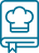 Blue outline icon of a cookbook with a chef hat symbol on the cover and a bookmark at the bottom.