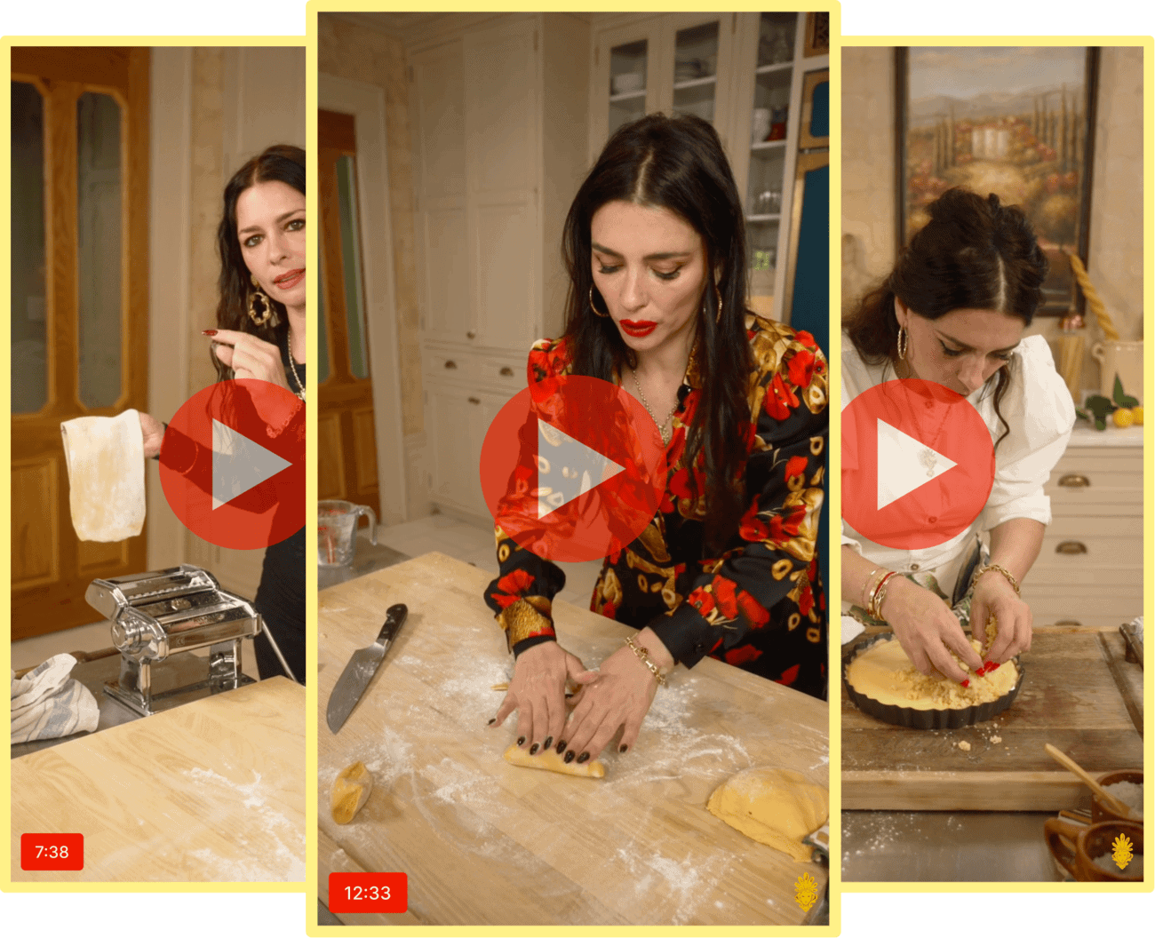 Three side-by-side images show a woman making pasta with a machine, kneading dough, and pressing dough into a tart pan in a kitchen setting.