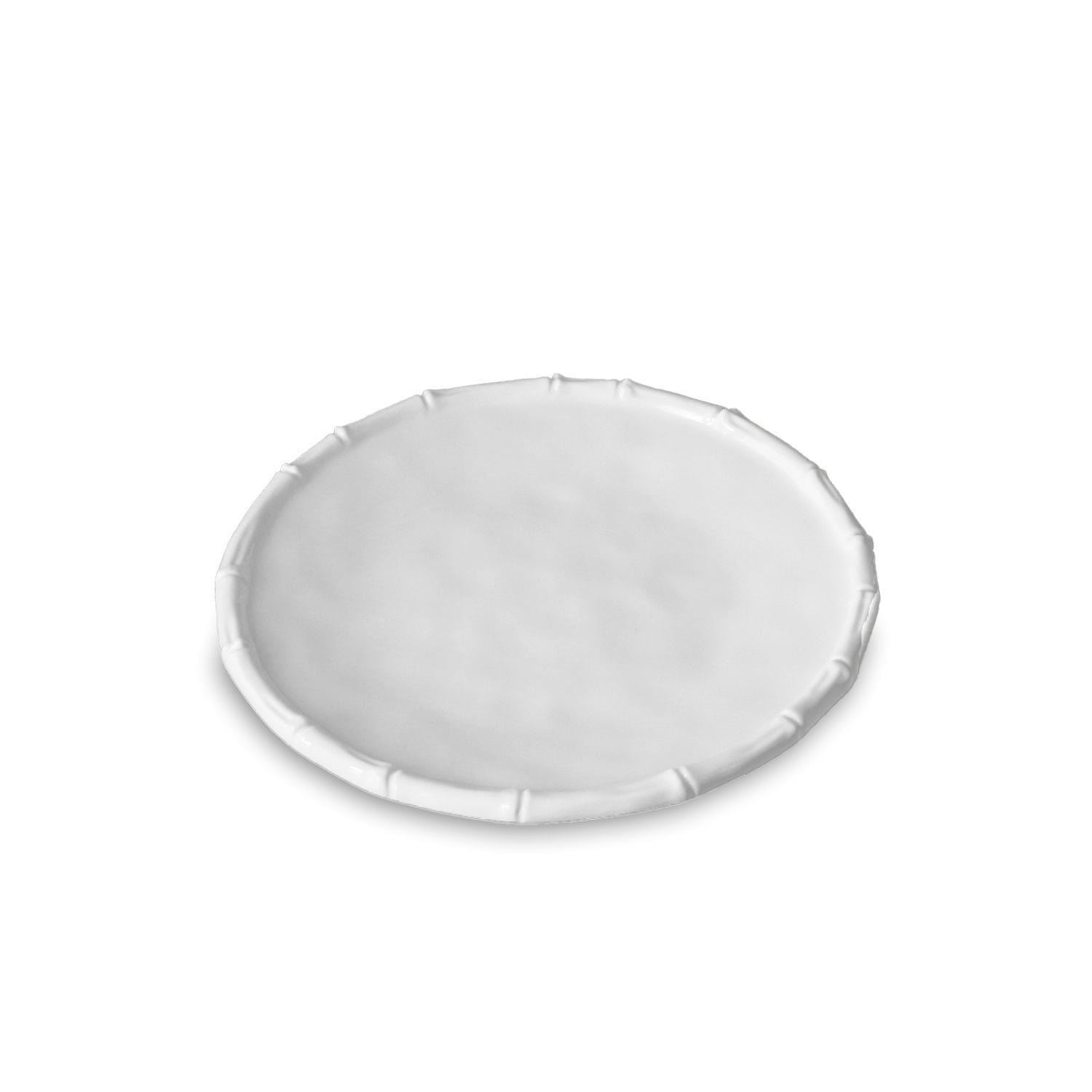 A plain, round, white paper plate with a slightly raised edge on a white background.