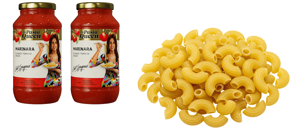 Two jars of Pasta Queen marinara sauce are pictured next to a pile of uncooked elbow macaroni pasta on a white background.