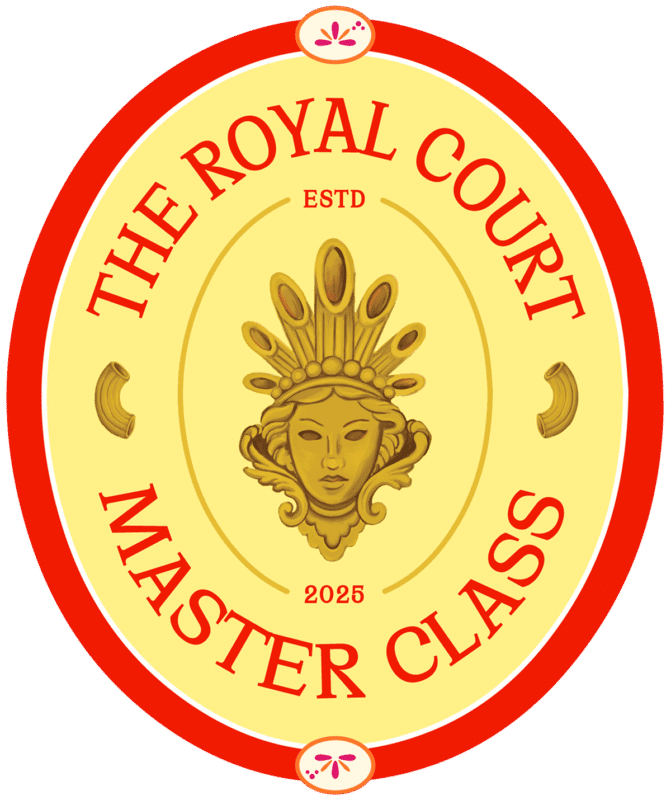Circular logo with a stylized golden face wearing a crown in the center, surrounded by red text reading "The Royal Court Master Class ESTD 2025" on a yellow background.