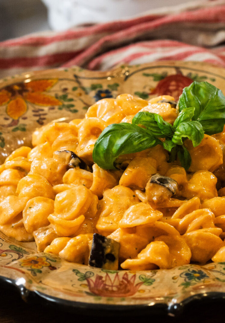 A decorative plate filled with orecchiette pasta in a creamy orange sauce, topped with basil leaves and small pieces of eggplant. A striped cloth and cheese block are in the background.