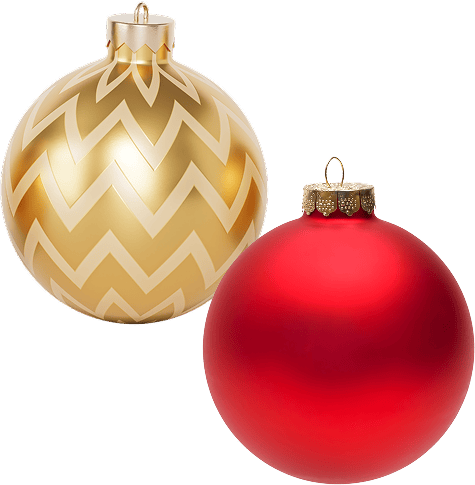 A gold Christmas ornament with a zigzag pattern next to a plain red Christmas ornament, both with metal hanging tops.