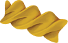 A single piece of uncooked fusilli pasta, yellow in color, on a plain background.
