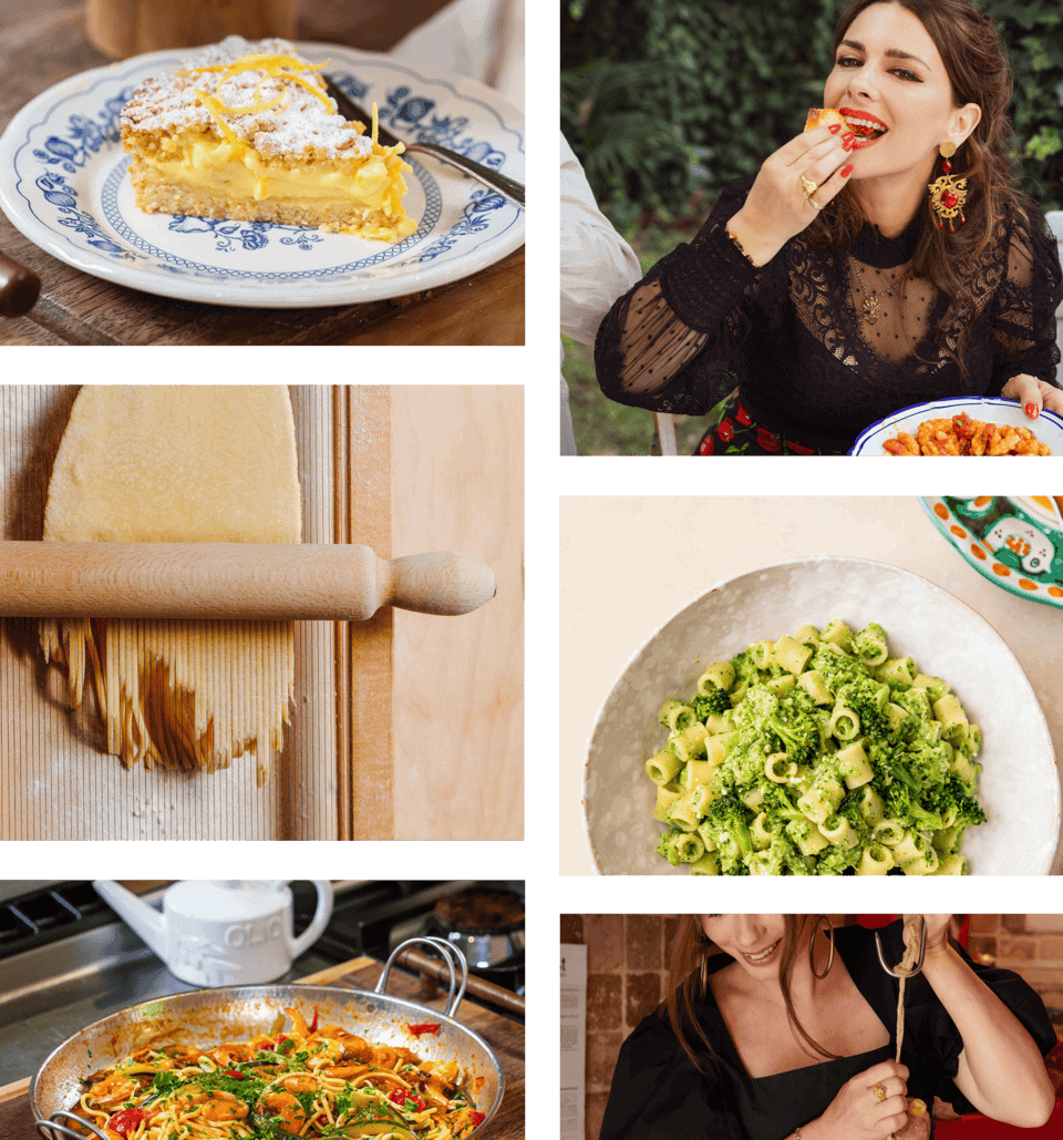 A collage showing pasta dishes, a slice of cake, a rolled-out dough with a rolling pin, a bowl of green pesto pasta, and two women eating.